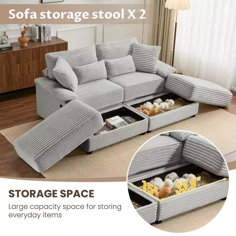 Set Whisen di divani chaise longue doppi con pouf reversibile e contenitore