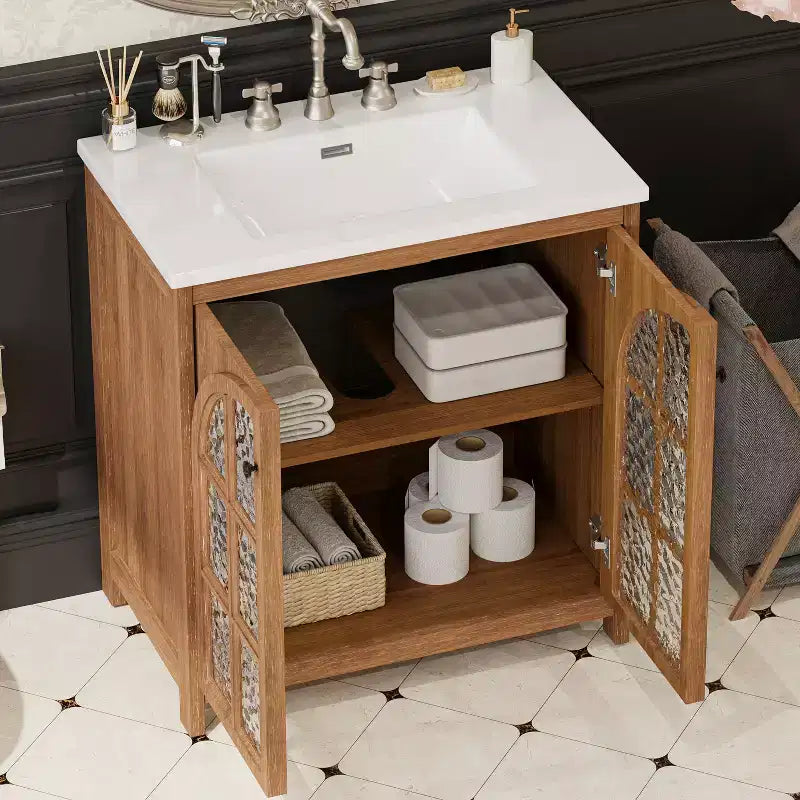 Mobile bagno Bestier da 31 pollici in stile rustico con lavabo in ceramica, mobiletto vintage