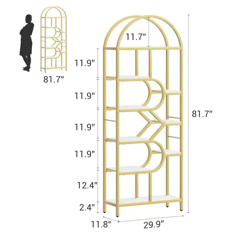 Libreria ad arco a 6 ripiani, scaffale in metallo alto 82 cm, scaffali espositivi con ripiani aperti per camera da letto, soggiorno, ufficio domestico