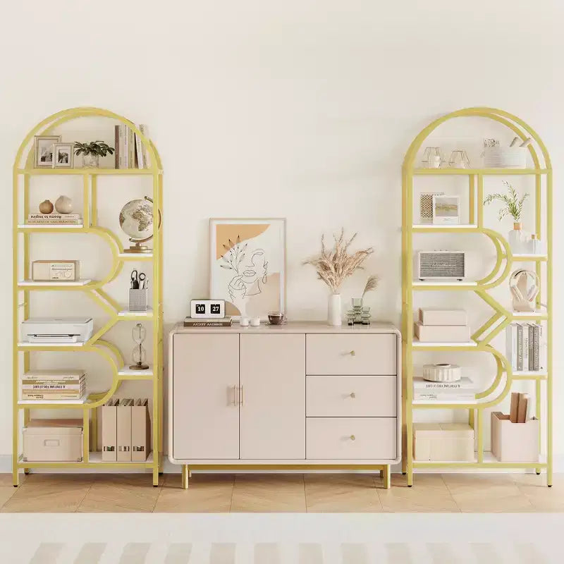 Libreria ad arco a 6 ripiani, scaffale in metallo alto 82 cm, scaffali espositivi con ripiani aperti per camera da letto, soggiorno, ufficio domestico