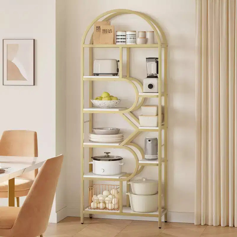 Libreria ad arco a 6 ripiani, scaffale in metallo alto 82 cm, scaffali espositivi con ripiani aperti per camera da letto, soggiorno, ufficio domestico