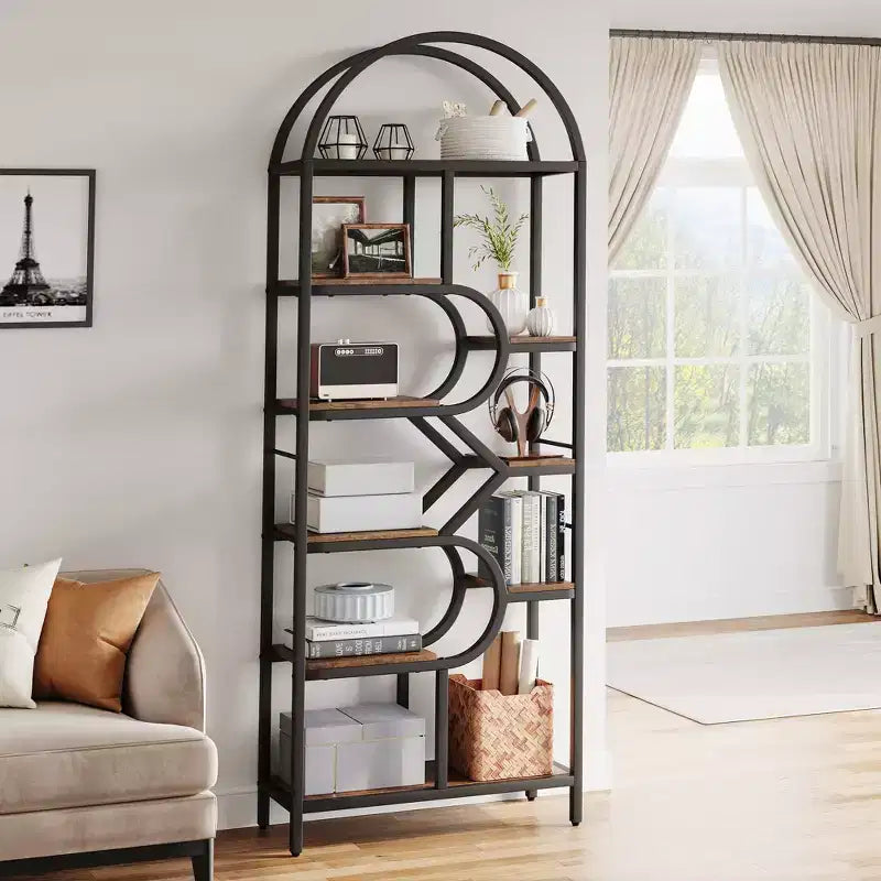 6-Tier Arched Bookshelf, 82 Tall Metal Frame Book Rack, Bookcase Display Racks with Open Storage Shelf for Bedroom, Living Room, Home Office
