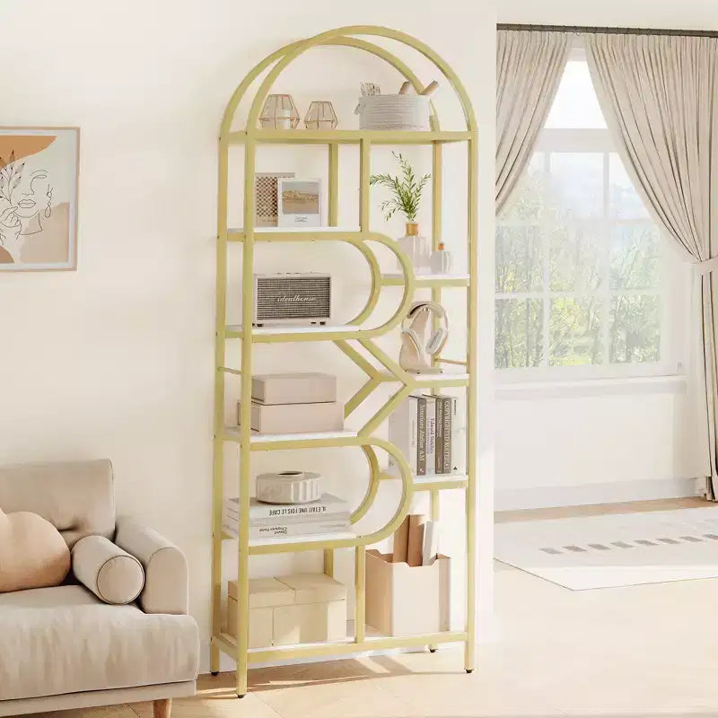 Libreria ad arco a 6 ripiani, scaffale in metallo alto 82 cm, scaffali espositivi con ripiani aperti per camera da letto, soggiorno, ufficio domestico
