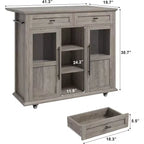 Acekool 41 Isola da Cucina Mobile Stile Farmhouse con Anta a Ribalta, Armadietti con Ante in Vetro, Scaffali Aperti, 2 Cassetti, Portasciugamani, Nero/Legno
