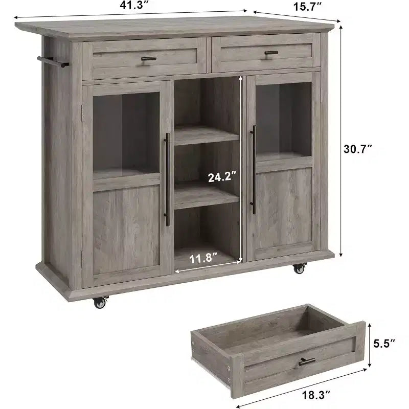 Acekool 41 Isola da Cucina Mobile Stile Farmhouse con Anta a Ribalta, Armadietti con Ante in Vetro, Scaffali Aperti, 2 Cassetti, Portasciugamani, Nero/Legno