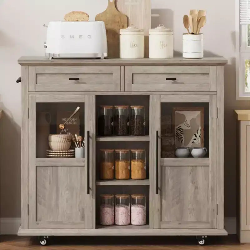 Acekool 41 Isola da Cucina Mobile Stile Farmhouse con Anta a Ribalta, Armadietti con Ante in Vetro, Scaffali Aperti, 2 Cassetti, Portasciugamani, Nero/Legno