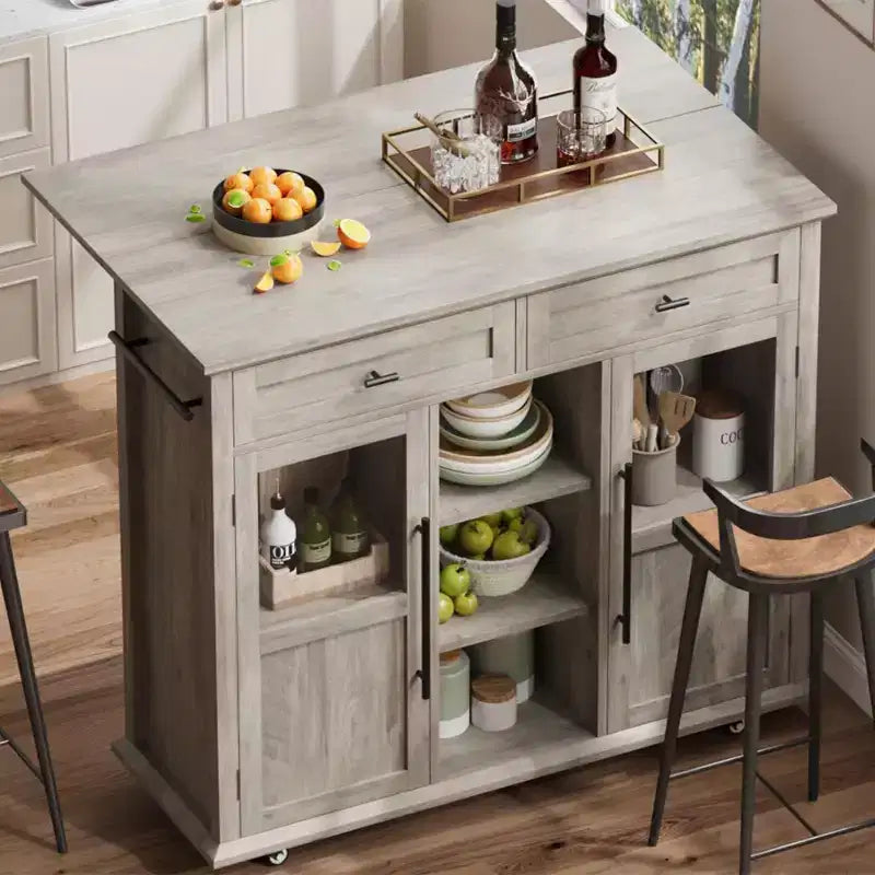 Acekool 41 Isola da Cucina Mobile Stile Farmhouse con Anta a Ribalta, Armadietti con Ante in Vetro, Scaffali Aperti, 2 Cassetti, Portasciugamani, Nero/Legno