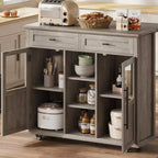 Acekool 41 Isola da Cucina Mobile Stile Farmhouse con Anta a Ribalta, Armadietti con Ante in Vetro, Scaffali Aperti, 2 Cassetti, Portasciugamani, Nero/Legno