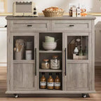 Acekool 41 Isola da Cucina Mobile Stile Farmhouse con Anta a Ribalta, Armadietti con Ante in Vetro, Scaffali Aperti, 2 Cassetti, Portasciugamani, Nero/Legno
