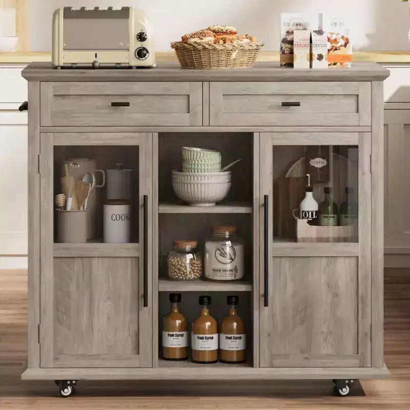 Acekool 41 Isola da Cucina Mobile Stile Farmhouse con Anta a Ribalta, Armadietti con Ante in Vetro, Scaffali Aperti, 2 Cassetti, Portasciugamani, Nero/Legno