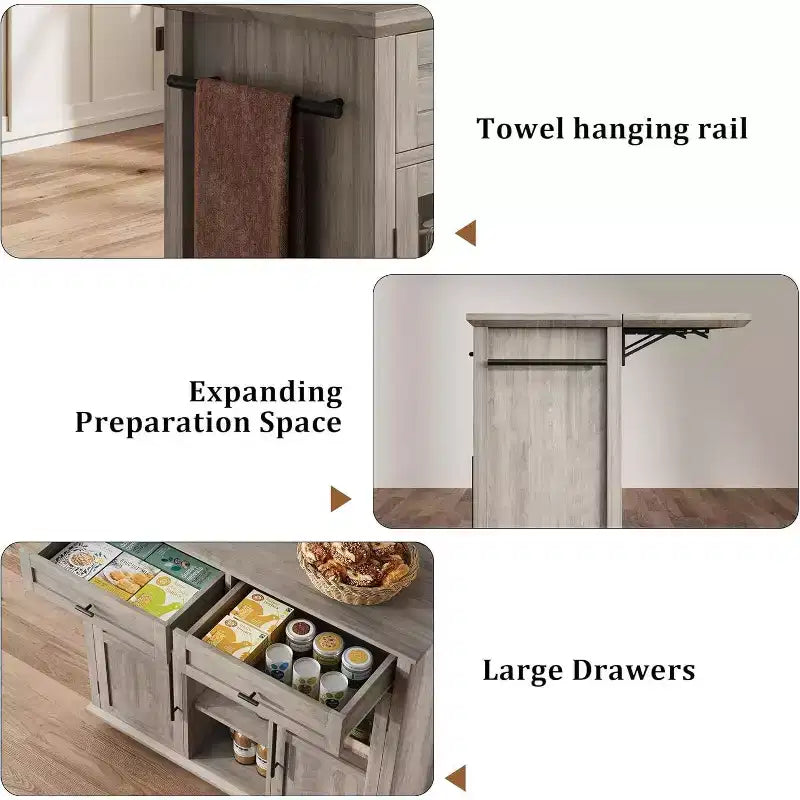 Acekool 41 Isola da Cucina Mobile Stile Farmhouse con Anta a Ribalta, Armadietti con Ante in Vetro, Scaffali Aperti, 2 Cassetti, Portasciugamani, Nero/Legno