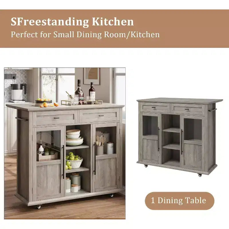 Acekool 41 Isola da Cucina Mobile Stile Farmhouse con Anta a Ribalta, Armadietti con Ante in Vetro, Scaffali Aperti, 2 Cassetti, Portasciugamani, Nero/Legno