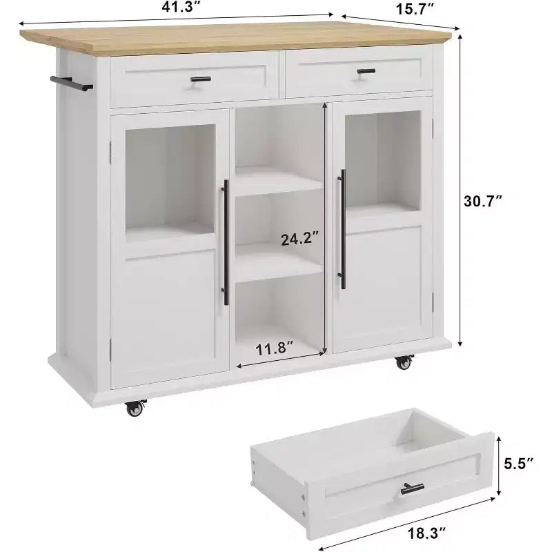 Acekool 41 Isola da Cucina Mobile Stile Farmhouse con Anta a Ribalta, Armadietti con Ante in Vetro, Scaffali Aperti, 2 Cassetti, Portasciugamani, Nero/Legno