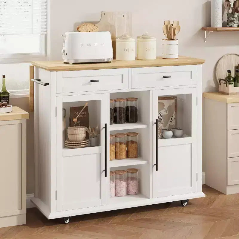 Acekool 41 Isola da Cucina Mobile Stile Farmhouse con Anta a Ribalta, Armadietti con Ante in Vetro, Scaffali Aperti, 2 Cassetti, Portasciugamani, Nero/Legno