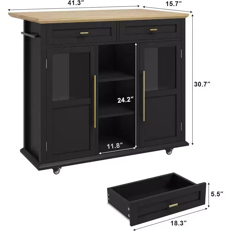 Acekool 41 Isola da Cucina Mobile Stile Farmhouse con Anta a Ribalta, Armadietti con Ante in Vetro, Scaffali Aperti, 2 Cassetti, Portasciugamani, Nero/Legno