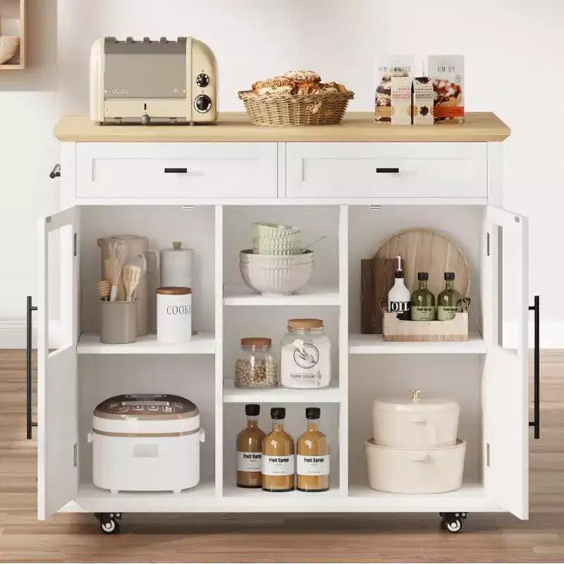 Acekool 41 Isola da Cucina Mobile Stile Farmhouse con Anta a Ribalta, Armadietti con Ante in Vetro, Scaffali Aperti, 2 Cassetti, Portasciugamani, Nero/Legno