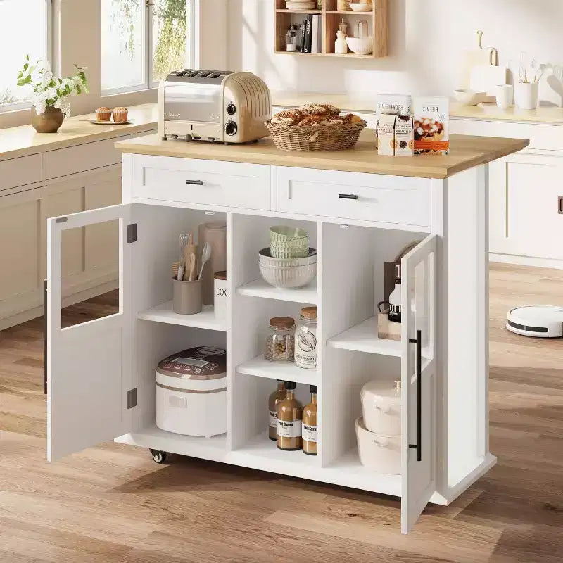 Acekool 41 Isola da Cucina Mobile Stile Farmhouse con Anta a Ribalta, Armadietti con Ante in Vetro, Scaffali Aperti, 2 Cassetti, Portasciugamani, Nero/Legno