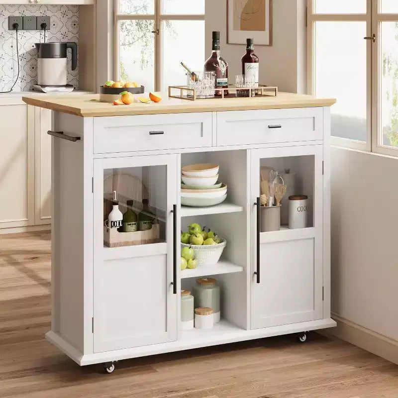 Acekool 41 Isola da Cucina Mobile Stile Farmhouse con Anta a Ribalta, Armadietti con Ante in Vetro, Scaffali Aperti, 2 Cassetti, Portasciugamani, Nero/Legno