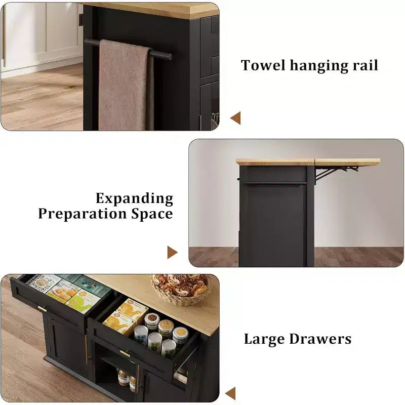 Acekool 41 Isola da Cucina Mobile Stile Farmhouse con Anta a Ribalta, Armadietti con Ante in Vetro, Scaffali Aperti, 2 Cassetti, Portasciugamani, Nero/Legno