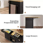 Acekool 41 Isola da Cucina Mobile Stile Farmhouse con Anta a Ribalta, Armadietti con Ante in Vetro, Scaffali Aperti, 2 Cassetti, Portasciugamani, Nero/Legno