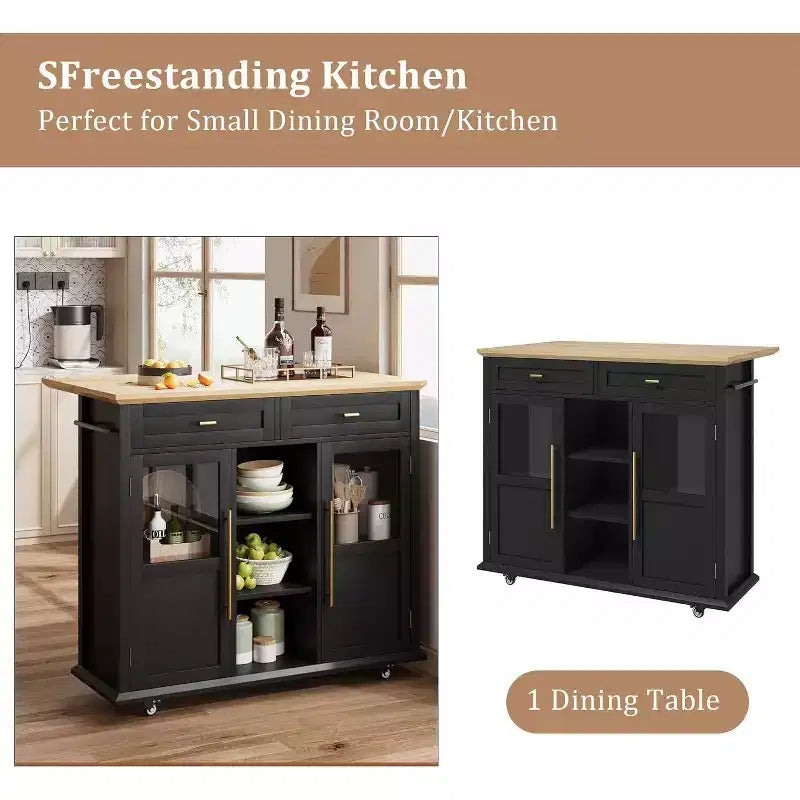 Acekool 41 Isola da Cucina Mobile Stile Farmhouse con Anta a Ribalta, Armadietti con Ante in Vetro, Scaffali Aperti, 2 Cassetti, Portasciugamani, Nero/Legno