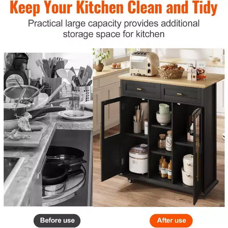 Acekool 41 Isola da Cucina Mobile Stile Farmhouse con Anta a Ribalta, Armadietti con Ante in Vetro, Scaffali Aperti, 2 Cassetti, Portasciugamani, Nero/Legno
