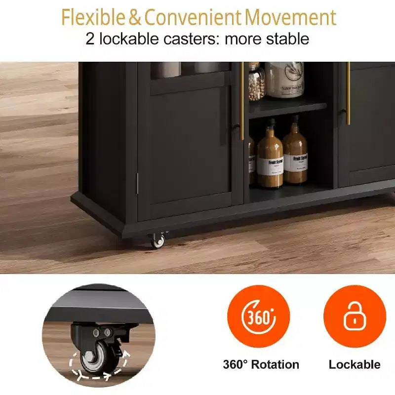 Acekool 41 Isola da Cucina Mobile Stile Farmhouse con Anta a Ribalta, Armadietti con Ante in Vetro, Scaffali Aperti, 2 Cassetti, Portasciugamani, Nero/Legno