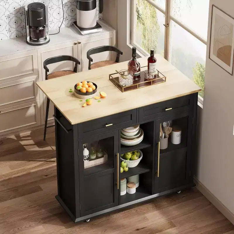 Acekool 41 Isola da Cucina Mobile Stile Farmhouse con Anta a Ribalta, Armadietti con Ante in Vetro, Scaffali Aperti, 2 Cassetti, Portasciugamani, Nero/Legno