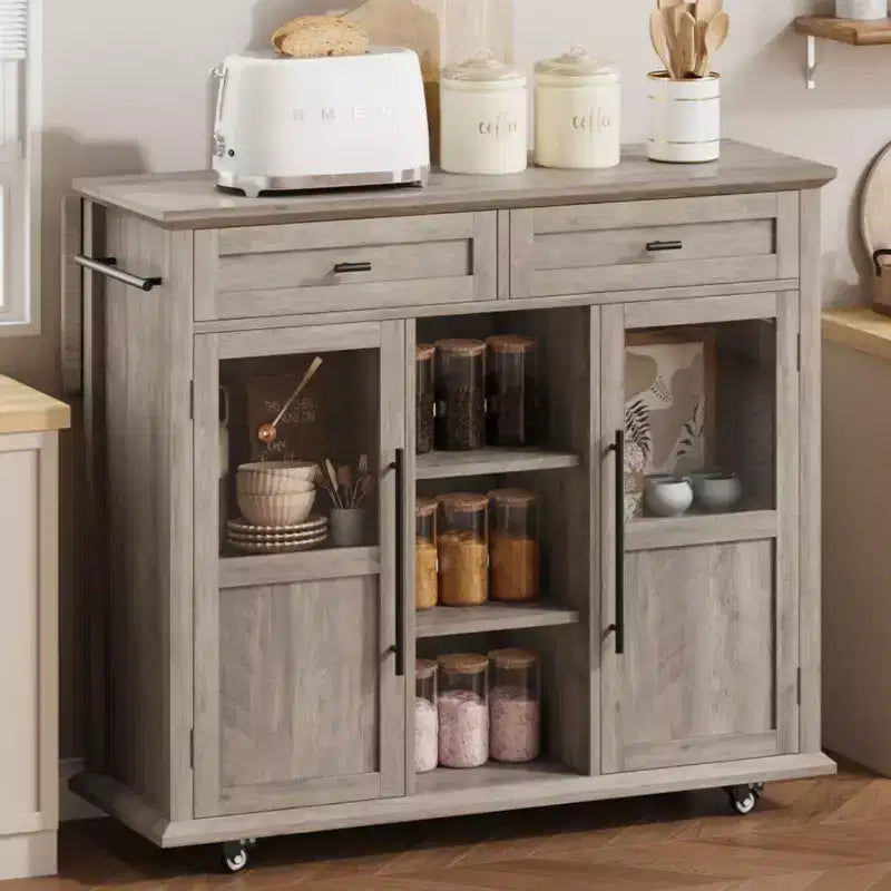 Acekool 41 Isola da Cucina Mobile Stile Farmhouse con Anta a Ribalta, Armadietti con Ante in Vetro, Scaffali Aperti, 2 Cassetti, Portasciugamani, Nero/Legno