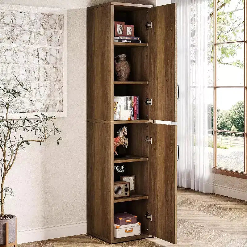 Lantine 75.39 Mobile Contenitore in Legno con 6 Ripiani, Mobile Moderno Stretto con 2 Ante per Soggiorno, Cucina, Bagno