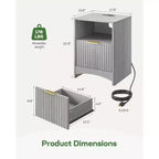 Marsail Comodino Scanalato con Stazione di Ricarica, Tavolino da Comodino Regolabile con Porte USB e AC, Tavolino con 1 Cassetto, Finitura Effetto Legno, Camera da Leto, Grigio