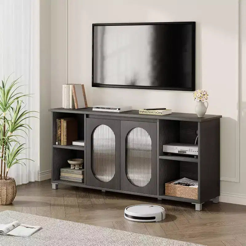 COZONY Mobile TV da 63 pollici Centro di intrattenimento con ante in rattan Scaffale regolabile Console multimediale Piedini in ferro
