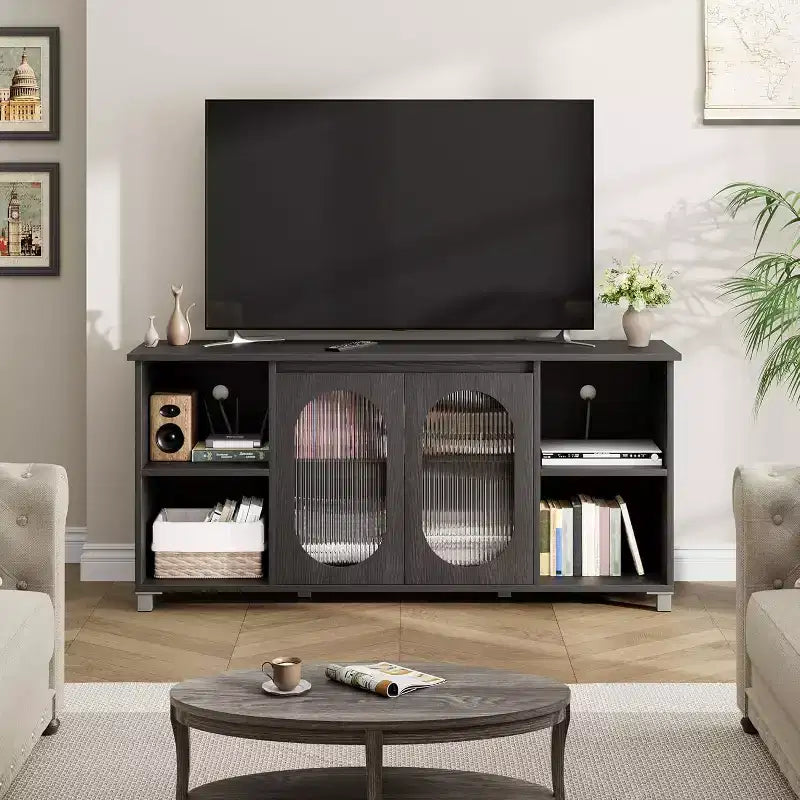 COZONY Mobile TV da 63 pollici Centro di intrattenimento con ante in rattan Scaffale regolabile Console multimediale Piedini in ferro