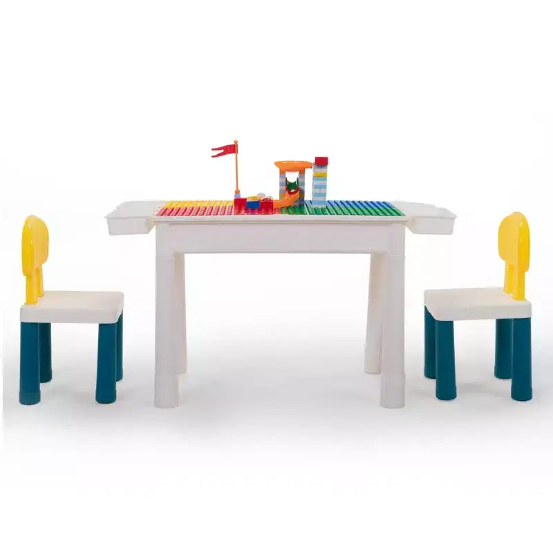 Tavolo e sedie per attività per bambini all-in-one, tavolo da gioco con costruzioni con 100 mattoncini fai da te, tavolo da pranzo e scrivania per bambini piccoli
