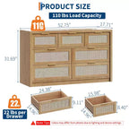 Cassettiera in Rattan per Camera da Letto da 53", Comò Boho a 7 Cassetti, Grande Mobile Contenitore per Vestiti, Mobile d'Accento in Legno con Maniglie in Metallo