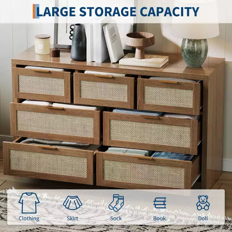 Cassettiera in Rattan per Camera da Letto da 53", Comò Boho a 7 Cassetti, Grande Mobile Contenitore per Vestiti, Mobile d'Accento in Legno con Maniglie in Metallo