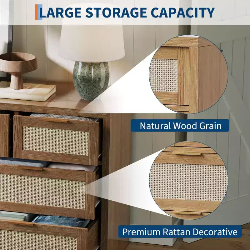 Cassettiera in Rattan per Camera da Letto da 53", Comò Boho a 7 Cassetti, Grande Mobile Contenitore per Vestiti, Mobile d'Accento in Legno con Maniglie in Metallo