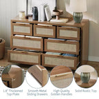 Cassettiera in Rattan per Camera da Letto da 53", Comò Boho a 7 Cassetti, Grande Mobile Contenitore per Vestiti, Mobile d'Accento in Legno con Maniglie in Metallo