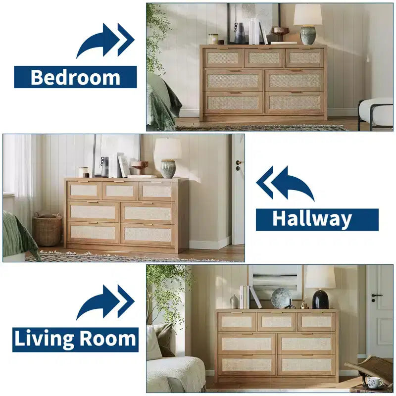Cassettiera in Rattan per Camera da Letto da 53", Comò Boho a 7 Cassetti, Grande Mobile Contenitore per Vestiti, Mobile d'Accento in Legno con Maniglie in Metallo