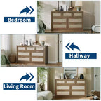 Cassettiera in Rattan per Camera da Letto da 53", Comò Boho a 7 Cassetti, Grande Mobile Contenitore per Vestiti, Mobile d'Accento in Legno con Maniglie in Metallo