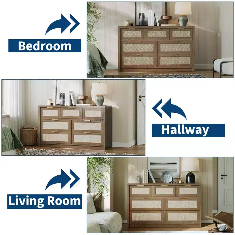 Cassettiera in Rattan per Camera da Letto da 53", Comò Boho a 7 Cassetti, Grande Mobile Contenitore per Vestiti, Mobile d'Accento in Legno con Maniglie in Metallo