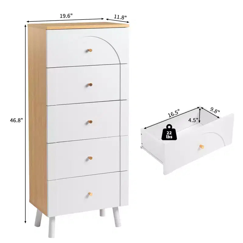 Cassettiera Karl Home a 5 cassetti in MDF bianco (pannello di fibra a media densità), larghezza 50 cm