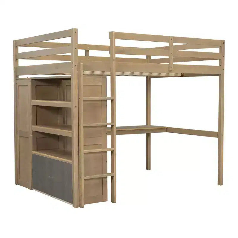 Letto a soppalco full size con armadio e scrivania, letto a soppalco alto in legno full size con cassetti e mensole per adulti, bambini e ragazzi