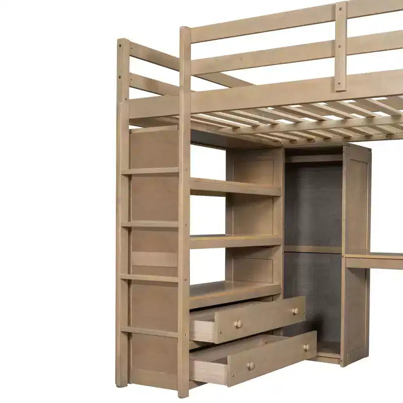 Letto a soppalco full size con armadio e scrivania, letto a soppalco alto in legno full size con cassetti e mensole per adulti, bambini e ragazzi