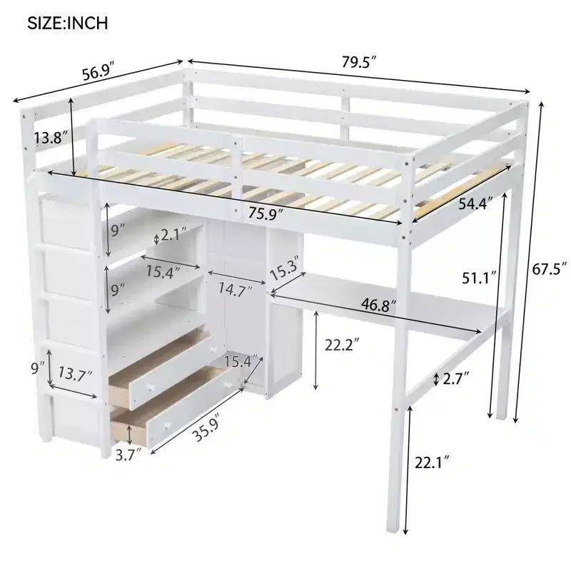 Letto a soppalco full size con armadio e scrivania, letto a soppalco alto in legno full size con cassetti e mensole per adulti, bambini e ragazzi