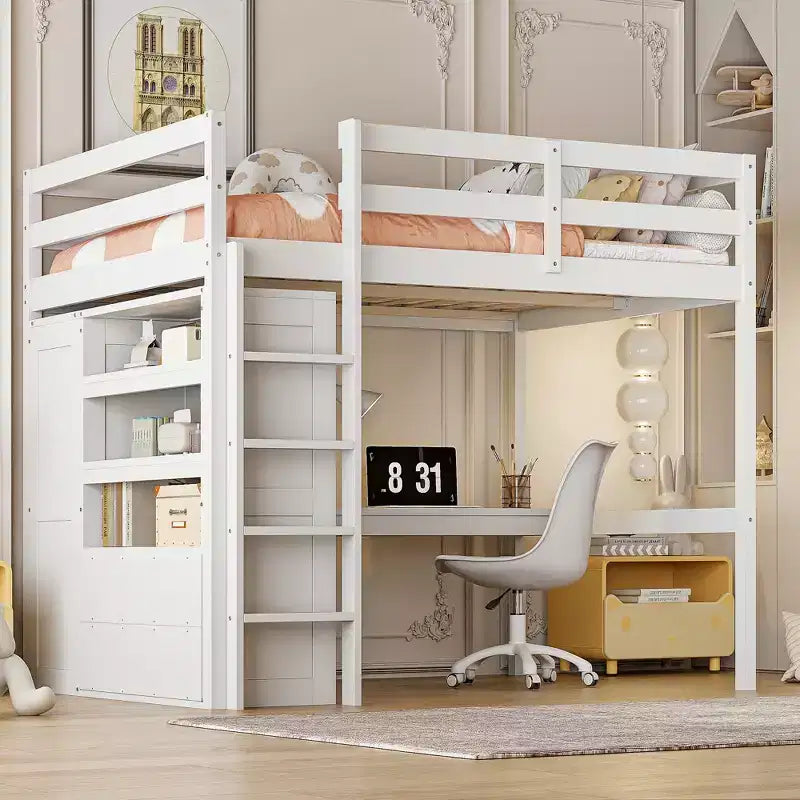 Letto a soppalco full size con armadio e scrivania, letto a soppalco alto in legno full size con cassetti e mensole per adulti, bambini e ragazzi