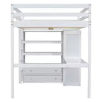Letto a soppalco full size con armadio e scrivania, letto a soppalco alto in legno full size con cassetti e mensole per adulti, bambini e ragazzi