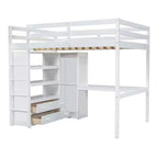 Letto a soppalco full size con armadio e scrivania, letto a soppalco alto in legno full size con cassetti e mensole per adulti, bambini e ragazzi