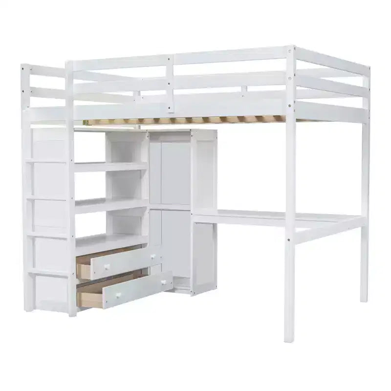 Letto a soppalco full size con armadio e scrivania, letto a soppalco alto in legno full size con cassetti e mensole per adulti, bambini e ragazzi