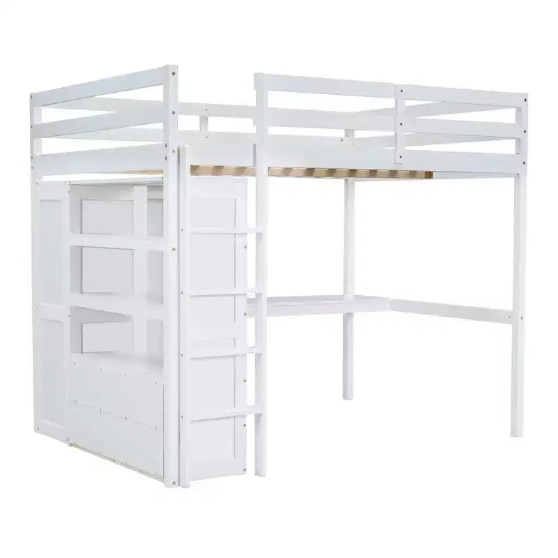 Letto a soppalco full size con armadio e scrivania, letto a soppalco alto in legno full size con cassetti e mensole per adulti, bambini e ragazzi